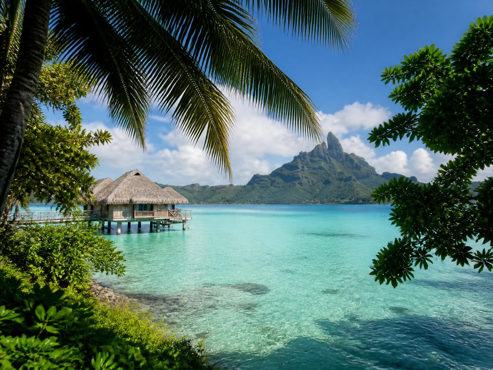 Sun hat and sandals on the deck of an overwater bungalow