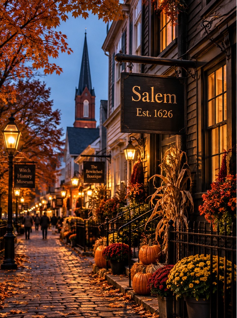 Historic Salem, Massachusetts street lined with autumn foliage in October